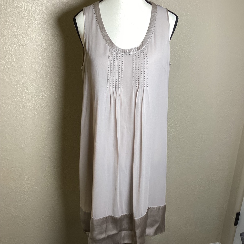 Gerard Darel Women Taupe 100% Silk Beaded Pintuck Shift Dress Size 38 US 6/8